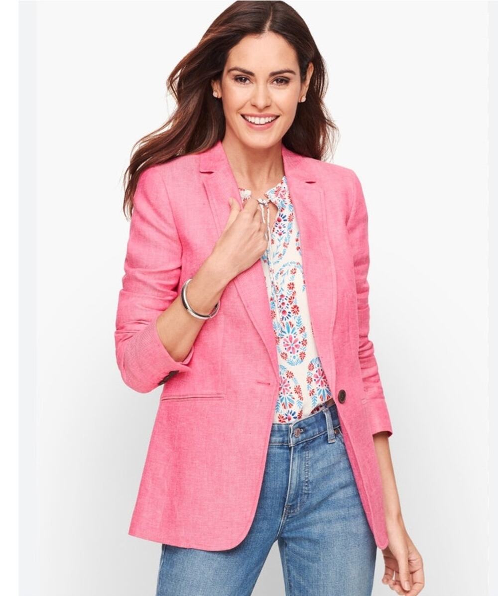 Talbots Pink 100% Linen One Button Career Office Blazer Jacket Size 16
